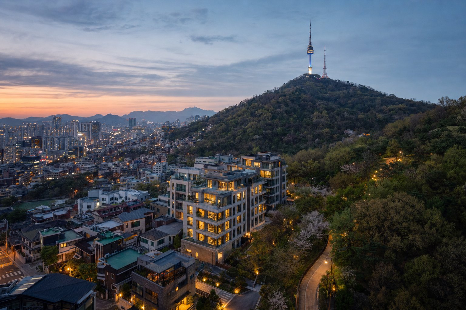 더코리츠힐 남산 — 남산과 N서울타워를 배경으로 한 단지 전경